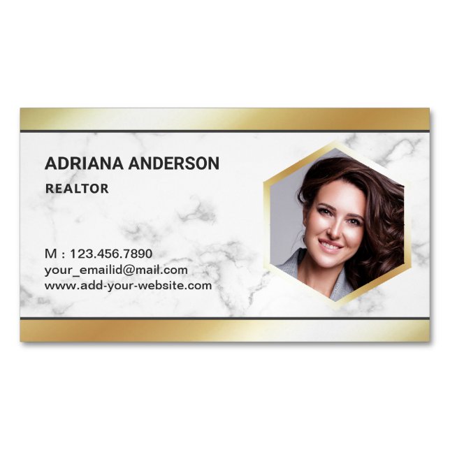 White Marble Gold Foil Real Estate Photo Realtor Business Card Magnet (Front)