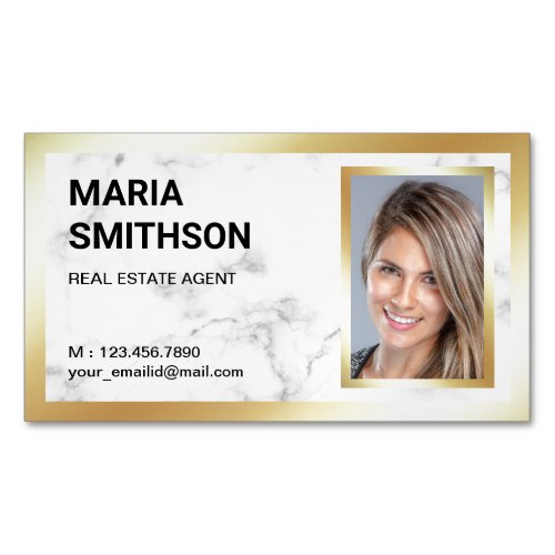 White Marble Gold Foil Real Estate Realtor Photo Business Card Magnet