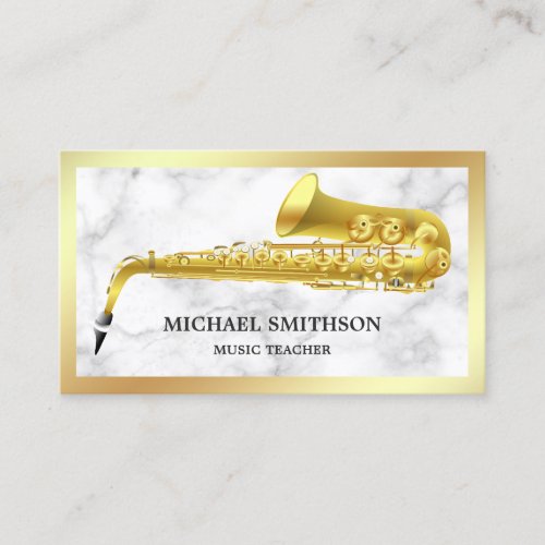 White Marble Gold Foil Saxophone Music Teacher Business Card