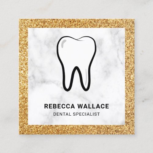 White Marble Gold Glitter Dental Clinic Dentist Square Business Card