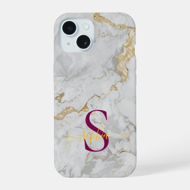 white marble gold glitter monogram iphone case (Back)