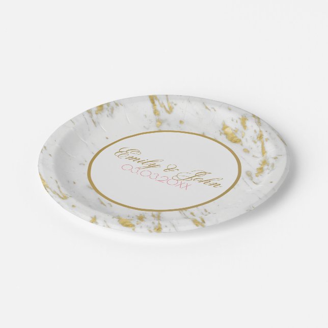 White Marble Gold Glitter- Save The Date Paper Plates (Angled)