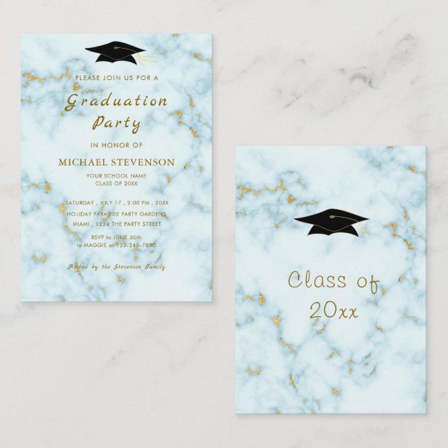 White Marble Gold Graduation Invitation Template (Front/Back)