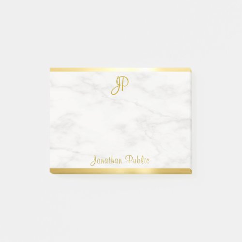 White Marble Gold Handwritten Monogram Template Post_it Notes