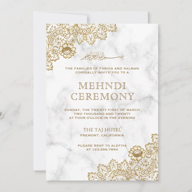 White Marble Gold Lace Islamic Mehndi Ceremony Invitation (Front)