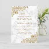 White Marble Gold Lace Islamic Muslim Wedding Invitation (Standing Front)