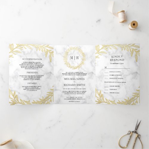 White Marble Gold Leaf Branch All in One Wedding Tri_Fold Invitation