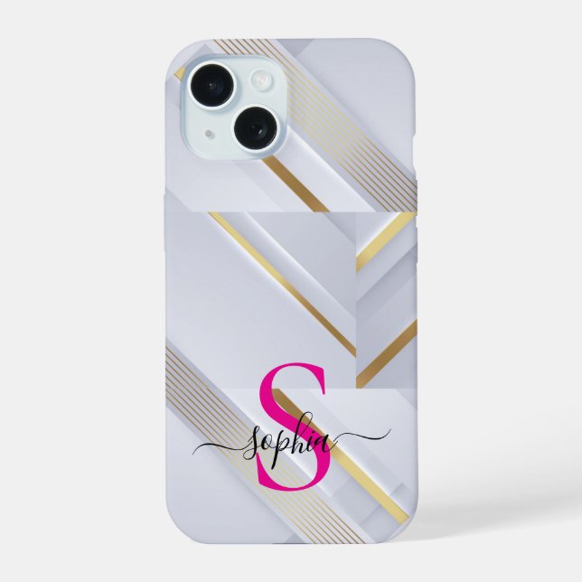 white marble gold lines monogram iPhone 15 case (Back)