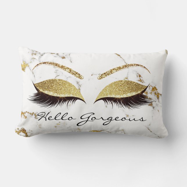 White Marble Gold Makeup Lashes Hello Gorgeous Lumbar Pillow (Front)