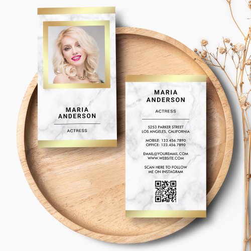 White Marble Gold Model Actress QR Code Photo Business Card
