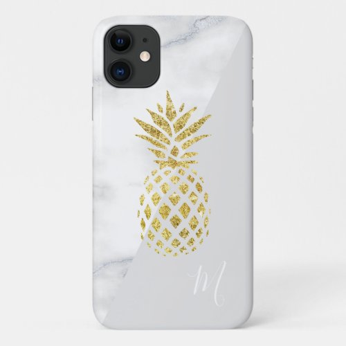 White Marble Gold Pineapple Gray Pastel Monogram iPhone 11 Case