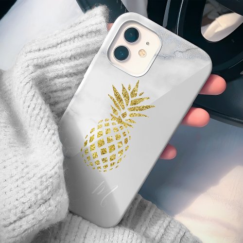 White Marble Gold Pineapple Monogram Iphone 15 Case