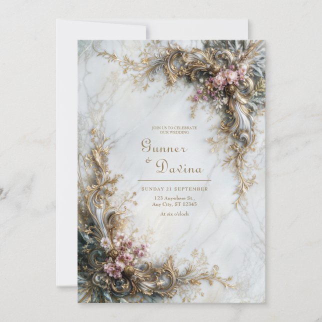 White Marble Gold Pink Floral Rococo Wedding Invitation (Front)