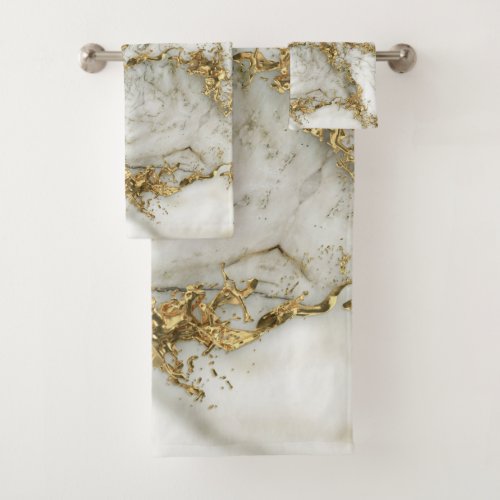 White Marble Gold Splatter Abstract Bath Towel Set