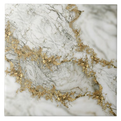 White Marble Gold Splatter Abstract Ceramic Tile