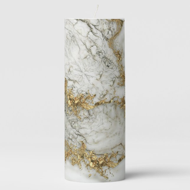 White Marble Gold Splatter Abstract Pillar Candle (Front)