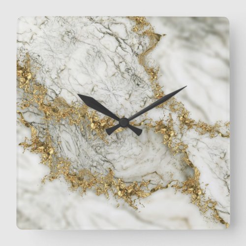 White Marble Gold Splatter Abstract Square Wall Clock