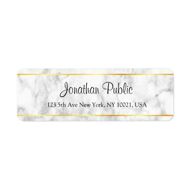 White Marble Gold Stripes Handwriting Script Label (Front)