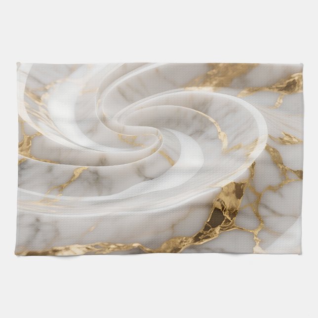 White Marble Gold Swirl Pattern Kitchen Towel (Horizontal)