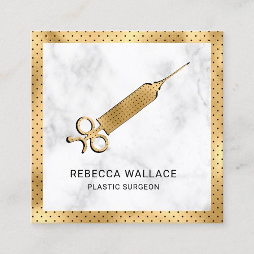 White Marble Gold Syringe Plastic Surgeon Doctor Square Business Card