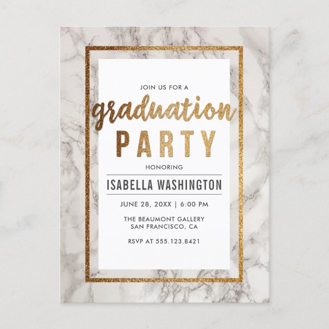 White Marble & Gold Typography Graduation Party Invitation Postcard (Front)