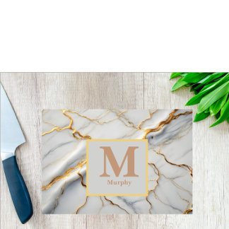 White Marble & Gold Vein Monogram Cutting Board