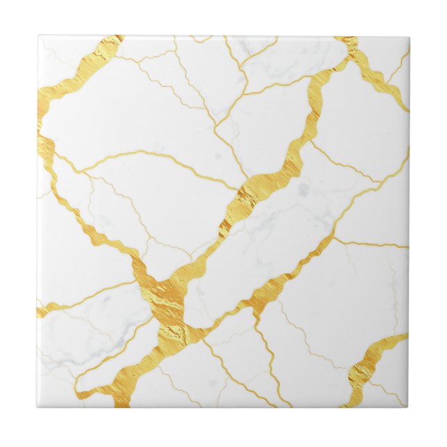 White Marble Gold Veins Pattern Ceramic Tile (Front)