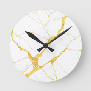 White Marble Gold Veins Pattern Round Clock