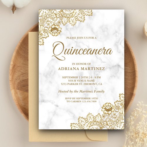 White Marble Gold Vintage Country Lace Quinceanera Invitation
