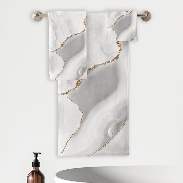 White Marble Gray Agate Gold Glitter Bath Towel Set (Creator Uploaded)