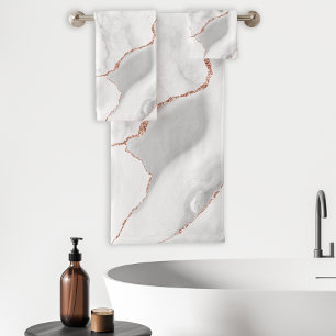 White Marble Gray Agate Rose Gold Glitter Bath Towel Set
