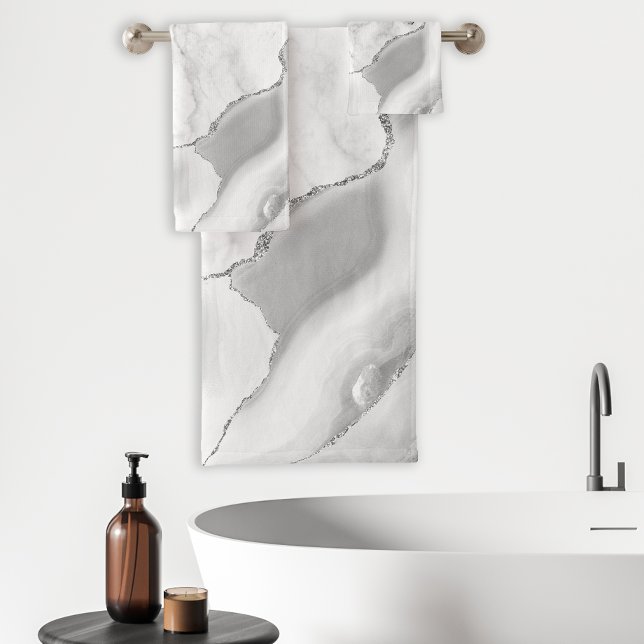 White Marble Gray Agate Silver Glitter Bath Towel Set (Creator Uploaded)