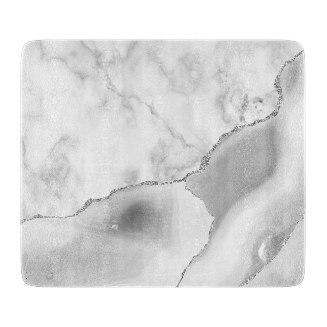 White Marble Gray Agate Silver Glitter Cutting Board (Front)