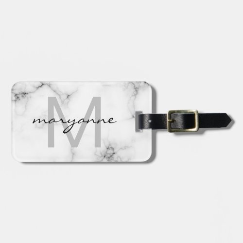 White Marble Gray Black Script Monogrammed Initial Luggage Tag