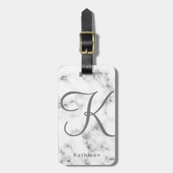White Marble Gray Monogrammed Initial Luggage Tag by ilovedigis at Zazzle