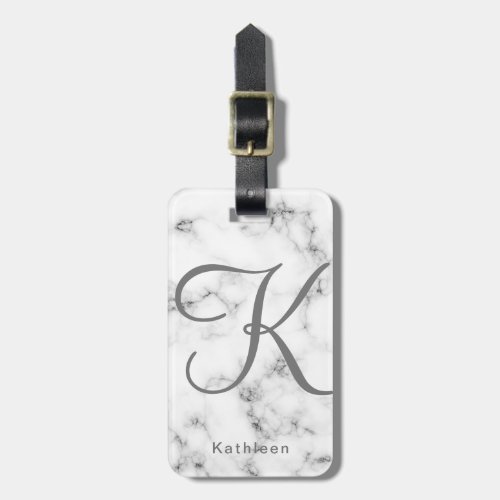 White Marble Gray Monogrammed Initial Luggage Tag