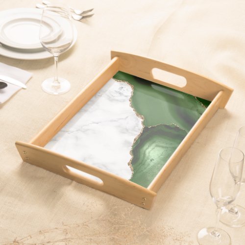 White Marble Green Agate Gold Glitter Serving Tray