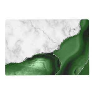 White Marble Green Agate Silver Glitter Placemat