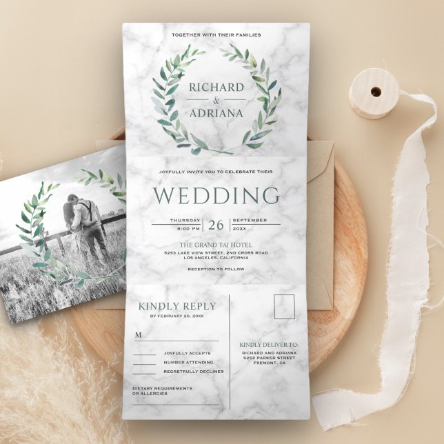 White Marble Green Olive Leaf Wreath Wedding Photo Tri-Fold Invitation (Creator Uploaded)