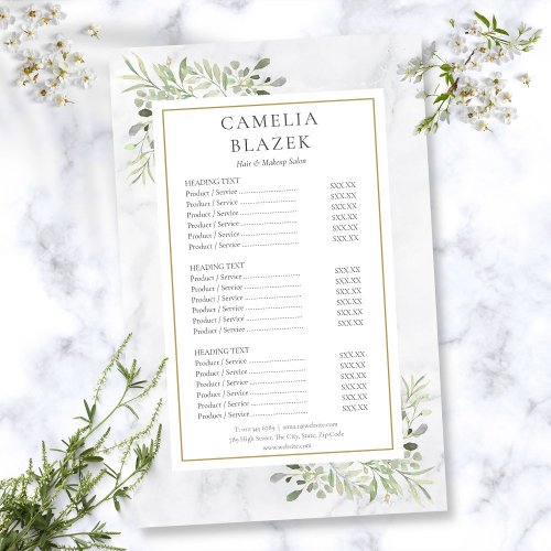 White Marble Greenery Salon Service Menu Flyer