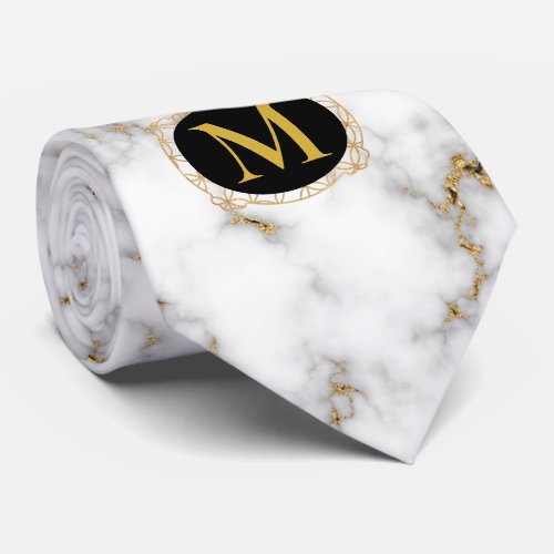 White Marble Grey  Gold Veining Monogram Wedding Neck Tie