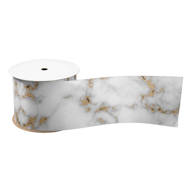 White Marble Grey & Gold Veining Satin Ribbon (Spool)