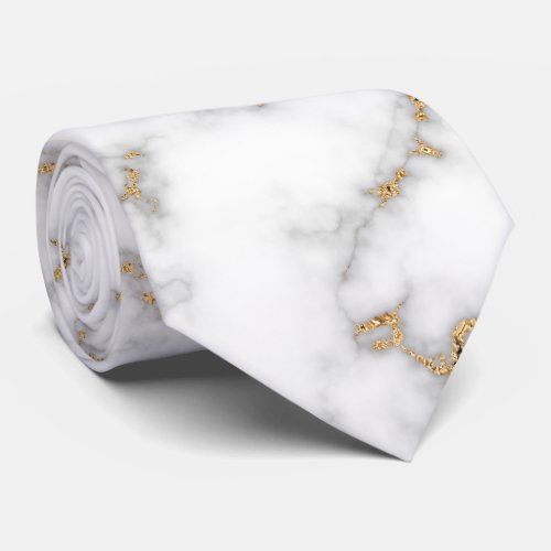 White Marble Grey  Gold Veining Wedding Neck Tie