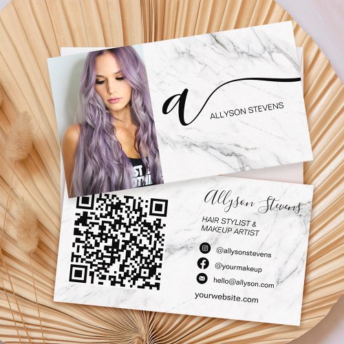 White marble hair makeup photo initial qr code business card