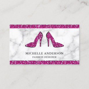 White Marble Hot Pink Glitter High Heels Business Card