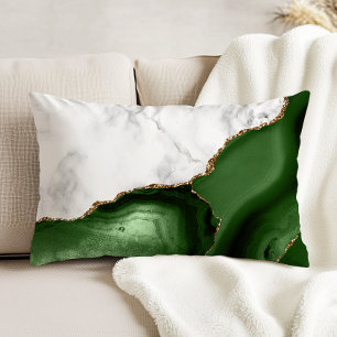 White Marble Hunter Green Agate Gold Glitter Accent Pillow