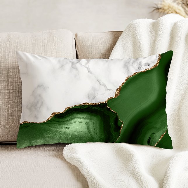 White Marble Hunter Green Agate Gold Glitter Accent Pillow (Creator Uploaded)