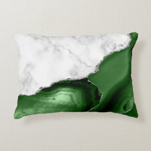 White Marble Hunter Green Agate Silver Glitter Accent Pillow