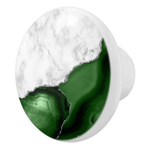 White Marble Hunter Green Agate Silver Glitter Ceramic Knob