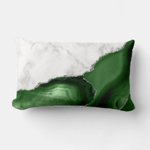White Marble Hunter Green Agate Silver Glitter Lumbar Pillow